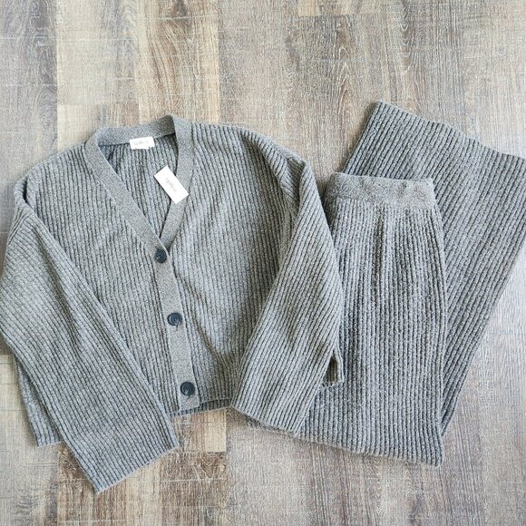 UpWest NWT Size M Comfy Cropped Ribbed Cardigan & Sweater Pant Set Brown Heather - Picture 2 of 15